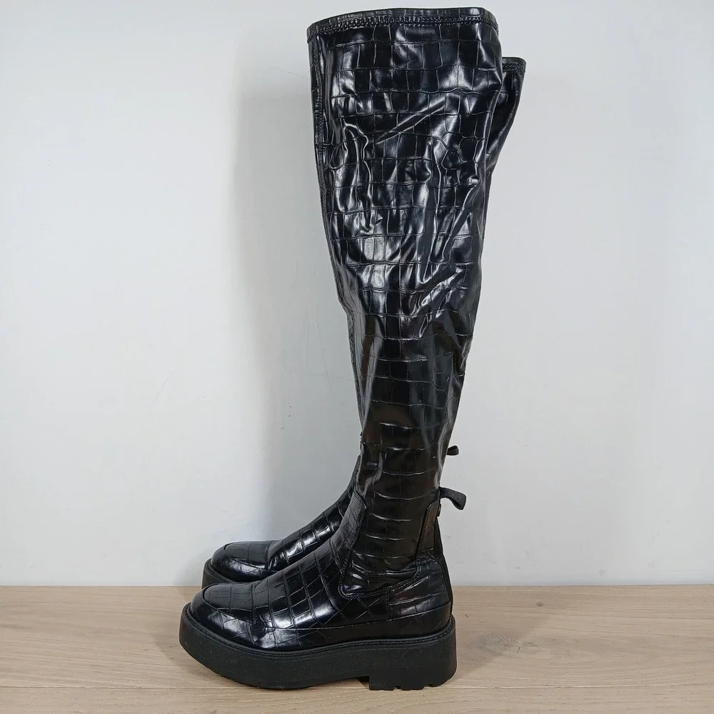Franco Sarto Janna Boots Womens 6 Black Croc Platform Over The Knee High Gothic